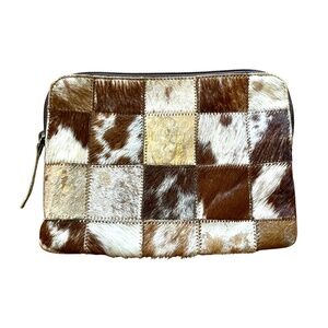 Genuine Cowhide Leather Patchwork Zippered Pouch Makeup Bag